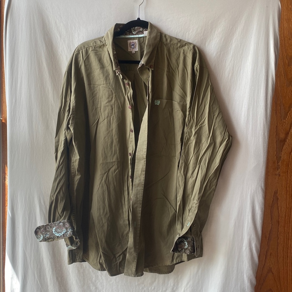 Cinch Green Shirt with Patterned Collar